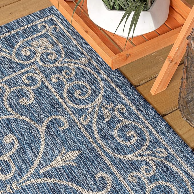 JONATHAN Y Vintage Filigree Indoor Outdoor Area Rug 9X12 Navy/Gray, Charleston Textured Weave for Backyard, Patio, Porch, Easy-Cleaning, High Traffic, Pet-Friendly, Non-Shedding (SMB106D-9)