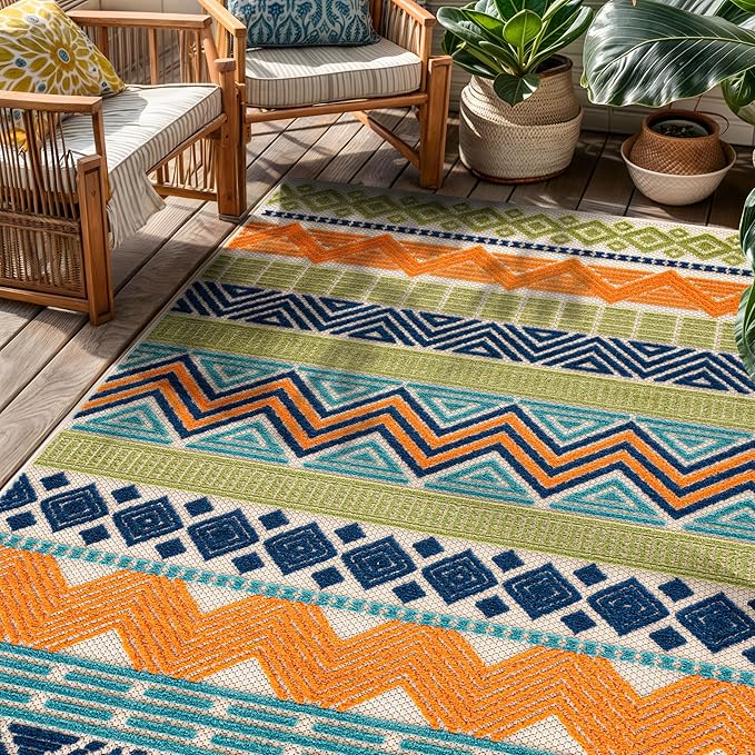 Rugshop Multi Marbella Boho Indoor/Outdoor Area Rug, Machine Washable for Patio, Balcony and Entry 4' x 6'