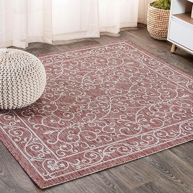 JONATHAN Y Vintage Filigree Indoor Outdoor Square Area Rug 9X9 Red/Beige, Charleston Textured Weave for Backyard, Patio, Porch, Easy-Cleaning, High Traffic, Pet-Friendly, Non-Shedding (SMB106B-9SQ)