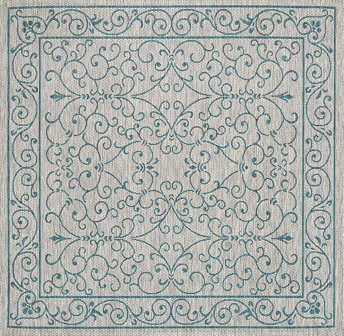 JONATHAN Y Vintage Filigree Indoor Outdoor Square Area Rug 8X8 Gray/Teal, Charleston Textured Weave for Backyard, Patio, Porch, Easy-Cleaning, High Traffic, Pet-Friendly, Non-Shedding (SMB106E-8SQ)