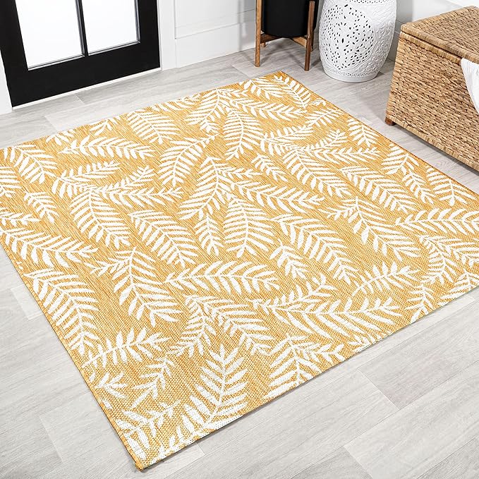 JONATHAN Y Palm Frond Indoor Outdoor Square Area Rug 5X5 Yellow/Cream, Nevis for Backyard, Patio, Porch, Easy-Cleaning, High Traffic, Pet-Friendly, Non-Shedding (SMB119C-5SQ)