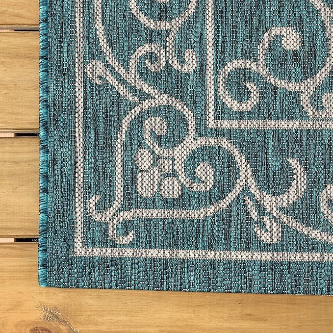 JONATHAN Y Vintage Filigree Indoor Outdoor Round Area Rug 9 Ft Teal/Gray, Charleston Textured Weave for Backyard, Patio, Porch, Easy-Cleaning, High Traffic, Pet-Friendly, Non-Shedding (SMB106F-9R)