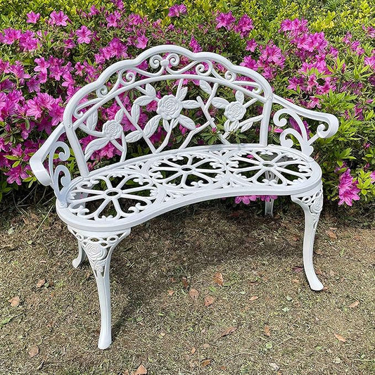 Mandolin Outdoor Benc Park Garden Chair,All Chair Anti Rust Cast Aluminum Patio Yard Bench,Carved Rose Loveseat Bench for Backyard .Porch.Balcony.Lawn (White)