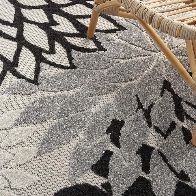 Nourison Home Aloha Indoor/Outdoor Black White 5'3" x 7'5" Area Rug, Tropical, Botanical, Easy Cleaning, Non Shedding, Bed Room, Living Room, Dining Room, Deck, Backyard, Patio (5x7)