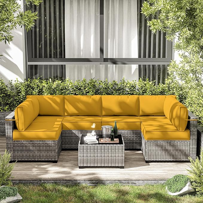 14-Piece Outdoor Cushions for Patio Furniture Thick Outdoor Chair Cushions 5" Foam High-Density Water-Resistant Deep Seat Cushion for 6-Seat Sectional Sets Liner&Cover Yellow