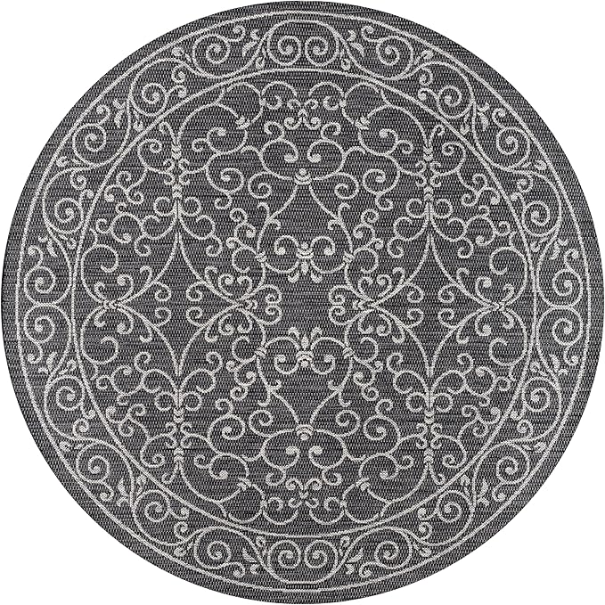 JONATHAN Y Vintage Filigree Indoor Outdoor Round Area Rug 6 Ft Black/Gray, Charleston Textured Weave for Backyard, Patio, Porch, Easy-Cleaning, High Traffic, Pet-Friendly, Non-Shedding (SMB106G-6R)