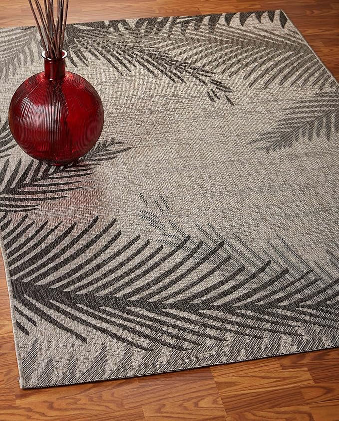 LR Home 8x10 Indoor/Outdoor Area Rug for Home Decor Coastal Palm Leaf Large Size Carpet for Living Room, Bedroom, Playroom, Patio, Garden Modern Farmhouse Rug Black/Gray