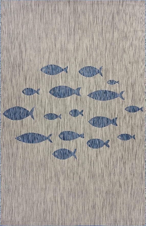 LR Home 8x10 Indoor/Outdoor Area Rug for Home Decor | Coastal School of Fish Large Size Carpet for Living Room, Bedroom, Playroom, Patio, Garden | Modern Farmhouse Rug | Gray/Navy