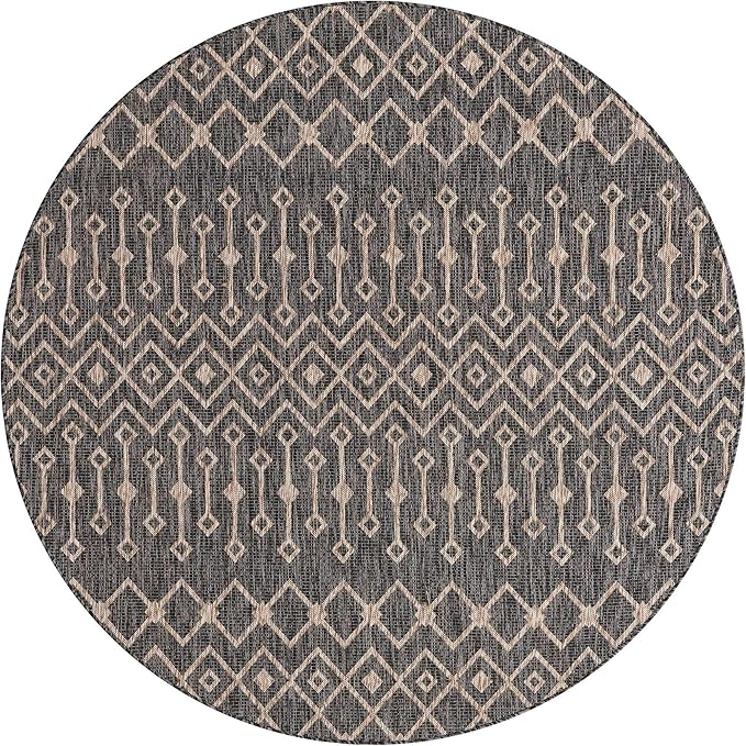 Unique Loom Outdoor Trellis Collection Area Rug - Tribal Trellis (7' 10" Round, Charcoal Gray/ Natural)
