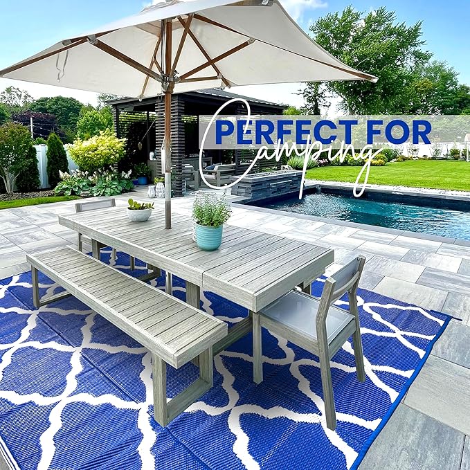 Utopia Home Waterproof Outdoor Rug for Patio 6 x 9 ft, Reversible Plastic Straw Mat for Camping, Picnics, Balcony, Patio, Diamond - Navy & White