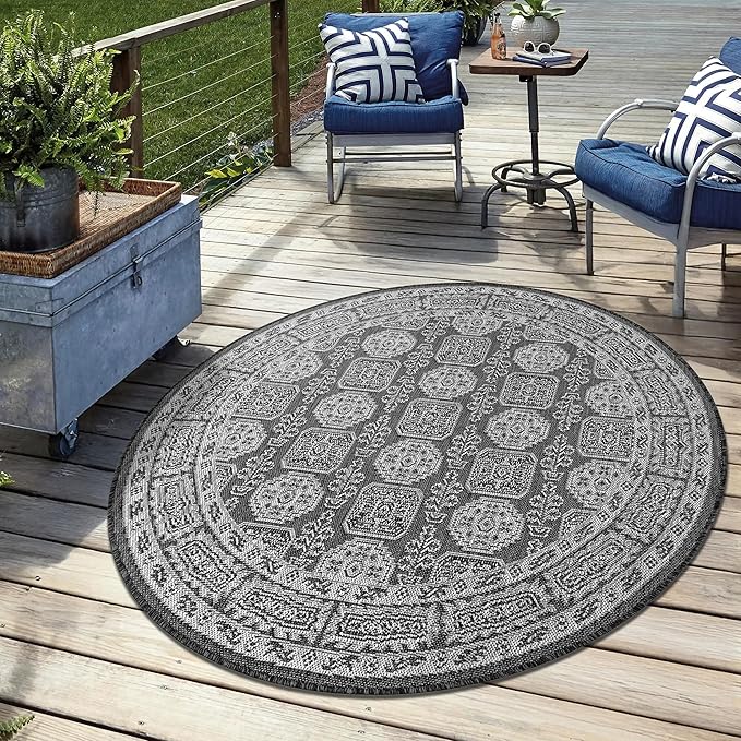 Keen Home Design Terrace Outdoor Area Rug - 63" Round Washable Indoor/Outdoor Rug for Patio, Kitchen, Balcony, Beach, Garden, Deck and Porch, Size: 5'3" Round, Trend Black