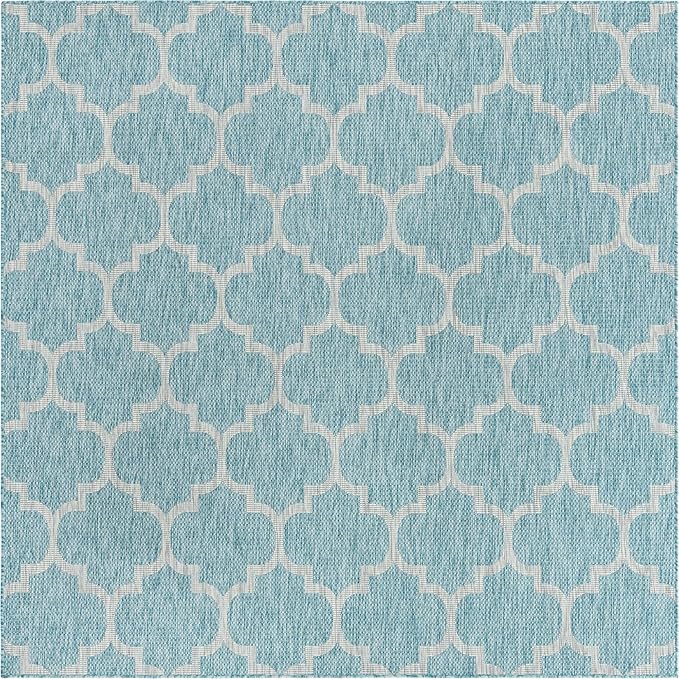 Unique Loom Outdoor Trellis Collection Area Rug (7' 10" Square, Aquamarine/ Gray)