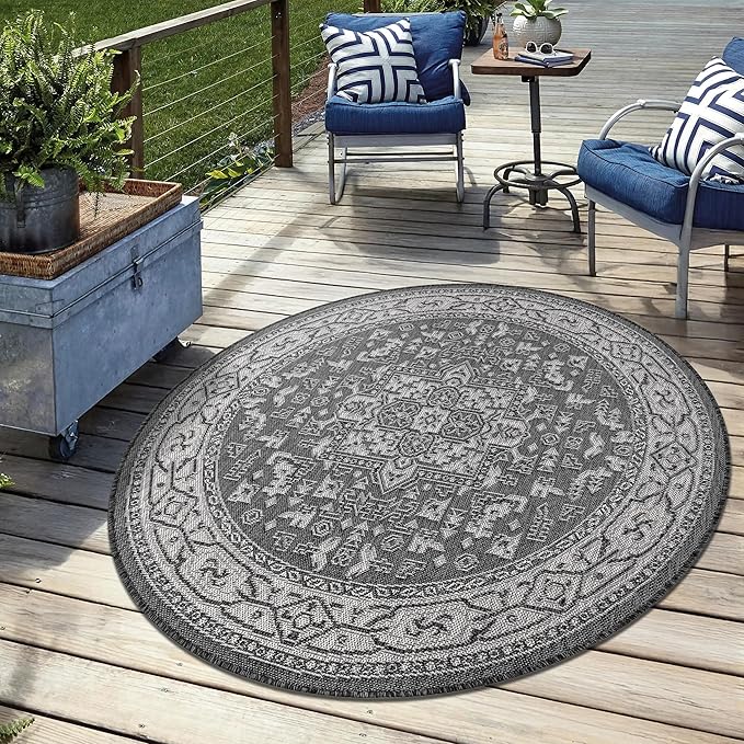 Keen Home Design Terrace Outdoor Area Rug - 63" Round Washable Indoor/Outdoor Rug for Patio, Kitchen, Balcony, Beach, Garden, Deck and Porch, Size: 5'3" Round, Medallion