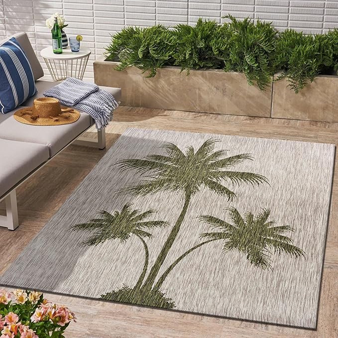 LR Home 8x10 Indoor/Outdoor Area Rug for Home Decor | Coastal Palm Tree Large Size Carpet for Living Room, Bedroom, Playroom, Patio, Garden | Modern Farmhouse Rug | Beige/Dark Green