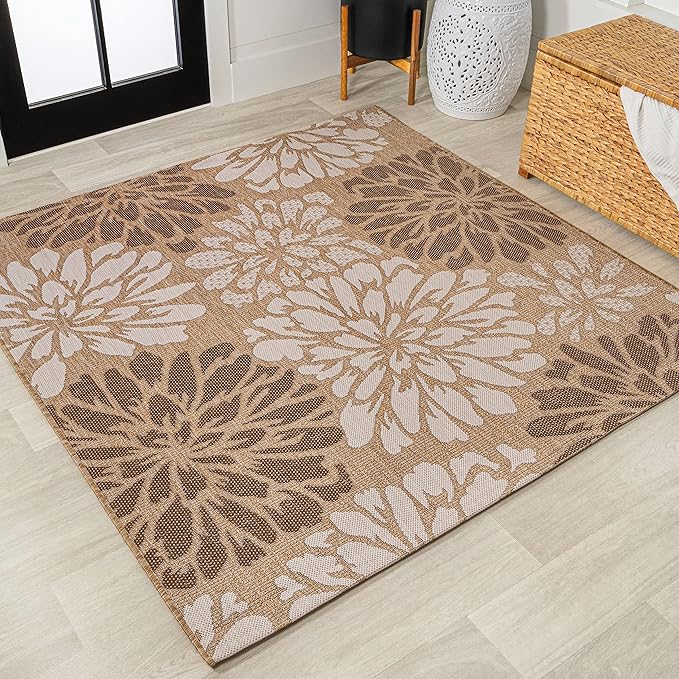 JONATHAN Y Floral Textured Weave Indoor Outdoor Square Area Rug 9X9 Brown/Cream, Zinnia Modern for Backyard, Patio, Porch, Easy-Cleaning, High Traffic, Pet-Friendly, Non-Shedding (SMB110I-9SQ)