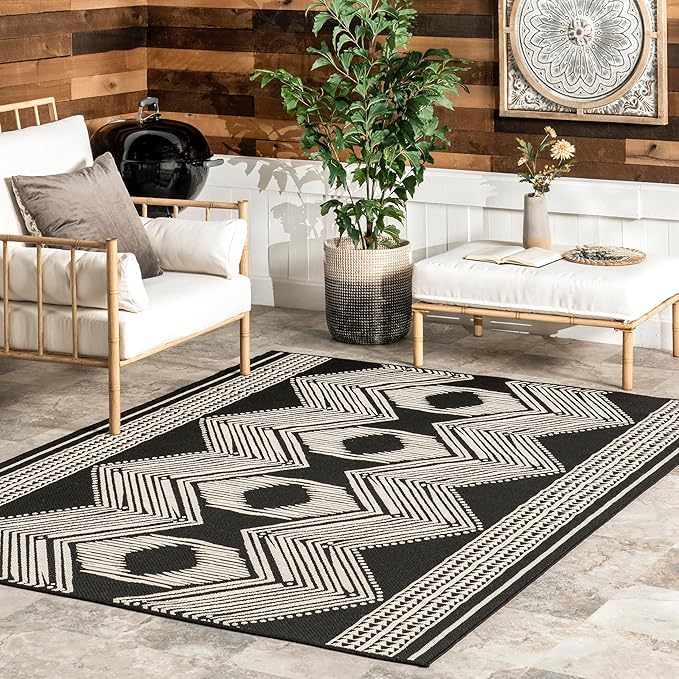 nuLOOM 8' x 10' Outdoor Tribal Geometric Area Rug, Stain Resistant, Weather Resistant, High Traffic, Patio, Balcony, Outside, Ranya Black
