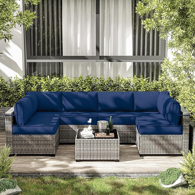 14-Piece Outdoor Cushions for Patio Furniture Thick Outdoor Chair Cushions 5" Foam High-Density Water-Resistant Deep Seat Cushion for 6-Seat Sectional Sets Liner&Cover Blue