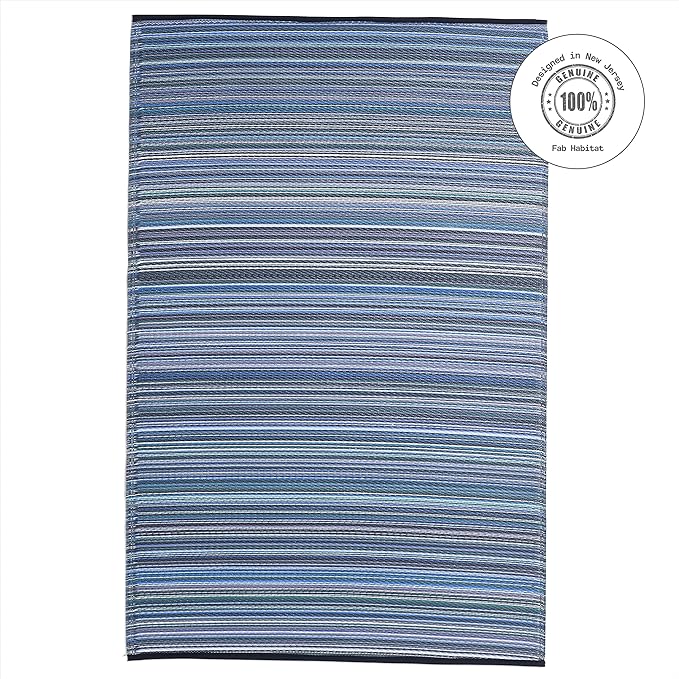 Fab Habitat Outdoor Rug - Waterproof, Fade Resistant, Crease-Free - Premium Recycled Plastic - Striped - Patio, Porch, Deck, Balcony - Cancun - Indigo - 5 x 8 ft