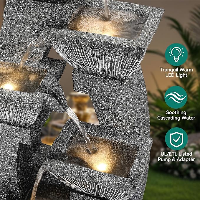 40.5" Outdoor Fountain, Four-Column & Bowls Water Feature with LED Lights, Modern Resin Soothing Cascading Waterfall for Patio, Backyard, Garden or Porch