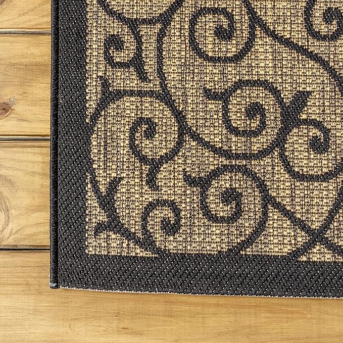 JONATHAN Y Vintage Filigree Indoor Outdoor Area Rug 5X8 Black/Khaki, Madrid Textured Weave for Backyard, Patio, Porch, Easy-Cleaning, High Traffic, Pet-Friendly, Non-Shedding (SMB107A-5)
