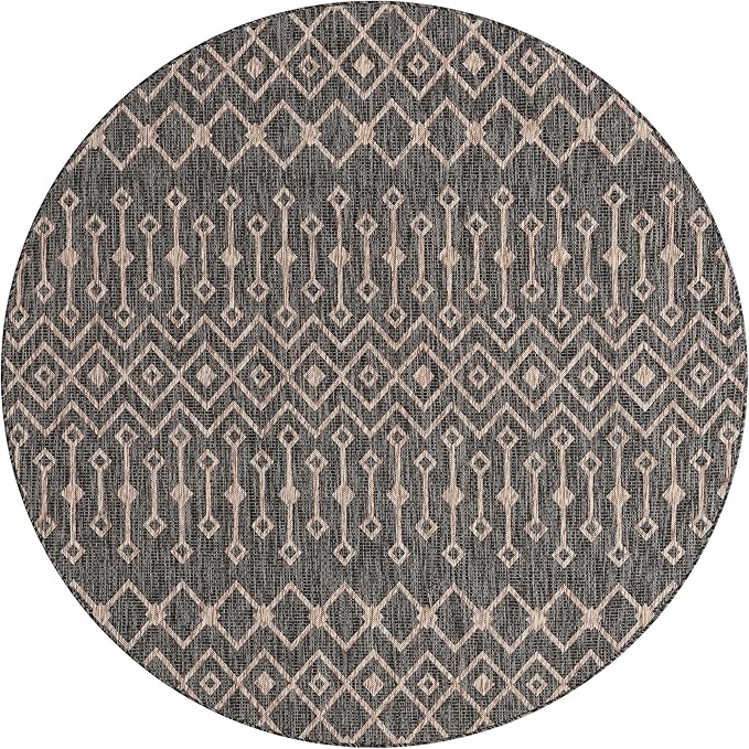 Unique Loom Outdoor Trellis Collection Area Rug - Tribal Trellis (7' 10" Round, Charcoal Gray/ Natural)