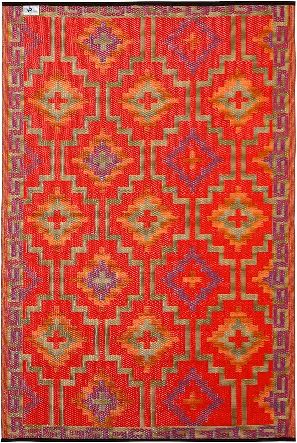 Fab Habitat Outdoor Rug - Waterproof, Fade Resistant, Crease-Free - Premium Recycled Plastic - Vintage Boho Kilim - Patio, Deck, Porch, Balcony, Laundry Room - Lhasa - Orange & Violet - 4 x 6 ft