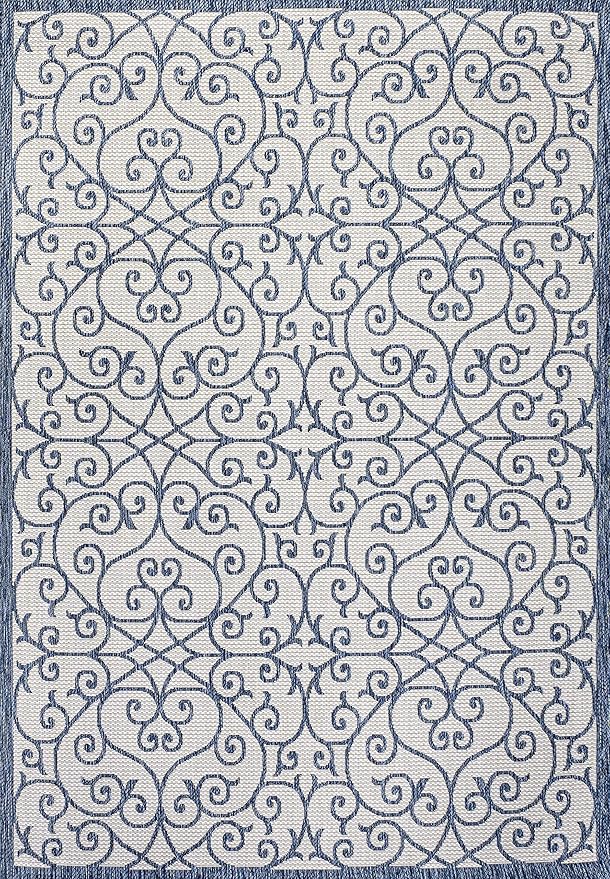 JONATHAN Y Vintage Filigree Indoor Outdoor Area Rug 4X6 Blue/Cream, Madrid Textured Weave for Backyard, Patio, Porch, Easy-Cleaning, High Traffic, Pet-Friendly, Non-Shedding (SMB107F-4)