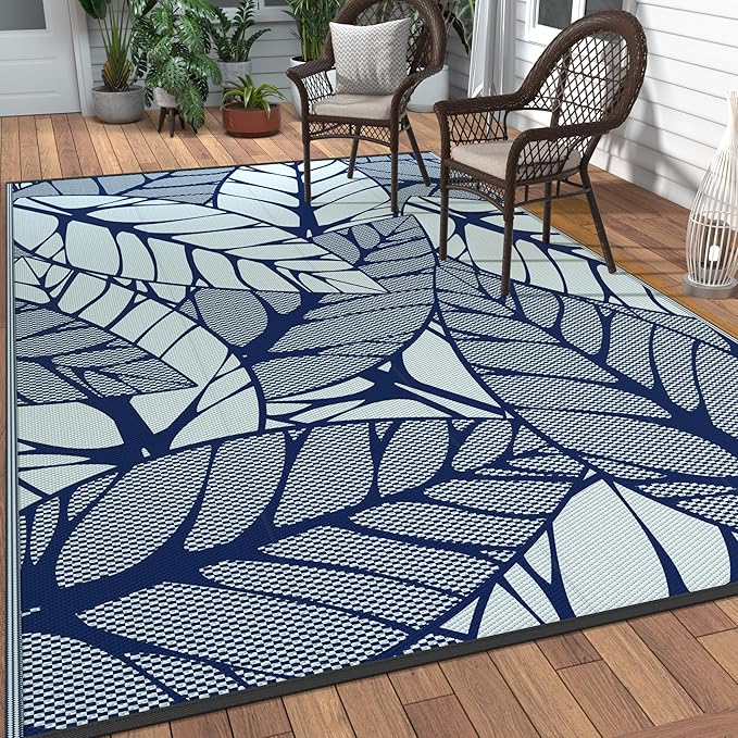 GENIMO Outdoor Rug 6' x 9' Waterproof for Patio Clearance, Reversible Plastic Straw Camping Carpet, Lightweight Mat for Rv, Camper, Deck, Porch, Picnic, Balcony, Beach, F.Blue & White