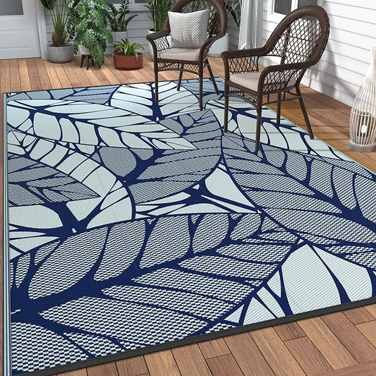 GENIMO Outdoor Rug 6' x 9' Waterproof for Patio Clearance, Reversible Plastic Straw Camping Carpet, Lightweight Mat for Rv, Camper, Deck, Porch, Picnic, Balcony, Beach, F.Blue & White