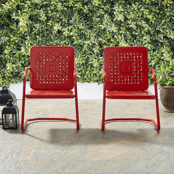 Crosley Furniture Bates 2-Piece Outdoor Chair Set, Retro Metal Patio Chairs for Dining, Porch, Deck, Balcony, Bright Red Gloss
