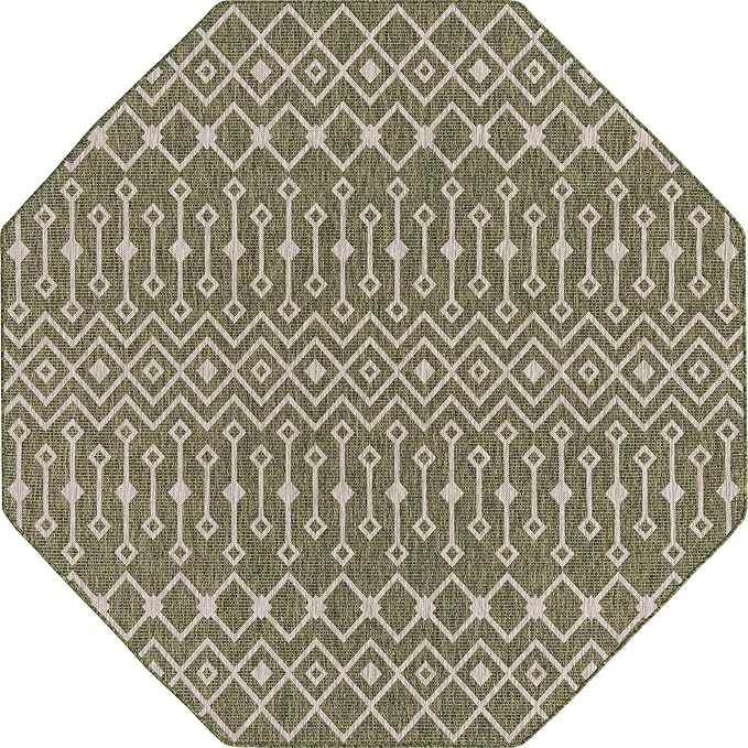 Unique Loom Outdoor Trellis Collection Area Rug - Tribal Trellis (7' 10" Octagon, Green/ Natural)