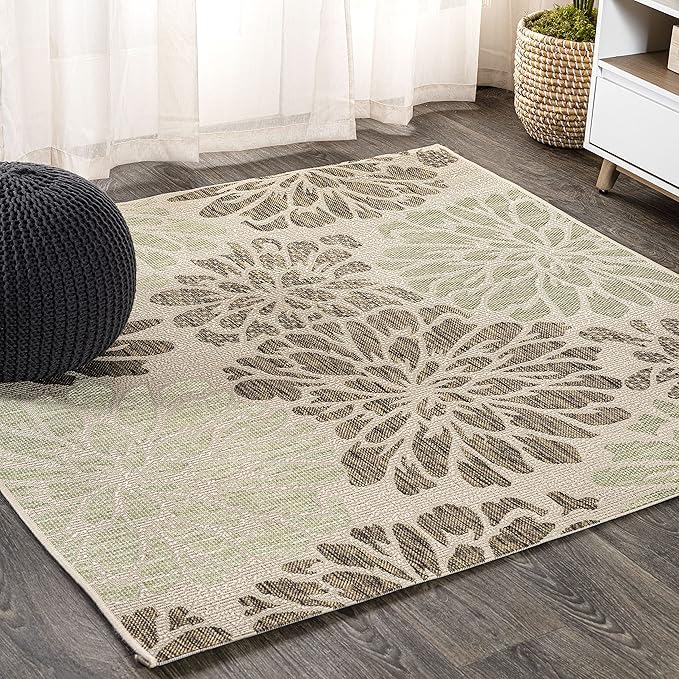 JONATHAN Y Floral Textured Weave Indoor Outdoor Square Area Rug 9X9 Sage/Brown, Zinnia Modern for Backyard, Patio, Porch, Easy-Cleaning, High Traffic, Pet-Friendly, Non-Shedding (SMB110A-9SQ)