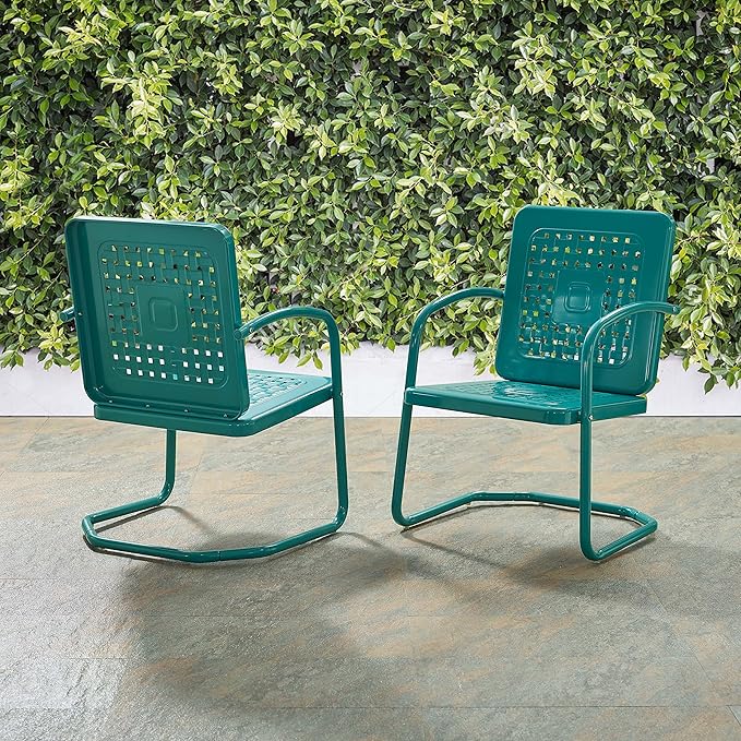 Crosley Furniture Bates 2-Piece Outdoor Chair Set, Retro Metal Patio Chairs for Dining, Porch, Deck, Balcony, Turquoise Gloss