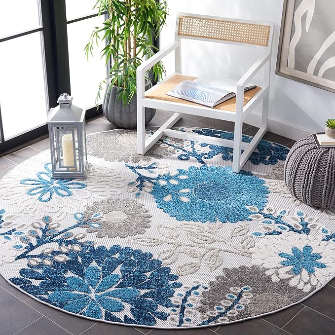 SAFAVIEH Washable Rug Outdoor Cabana Collection - 5'3" Round, Grey & Blue, Non-Shedding & Easy to Clean, Ideal for Patio, Backyard, Mudroom (CBN832F)