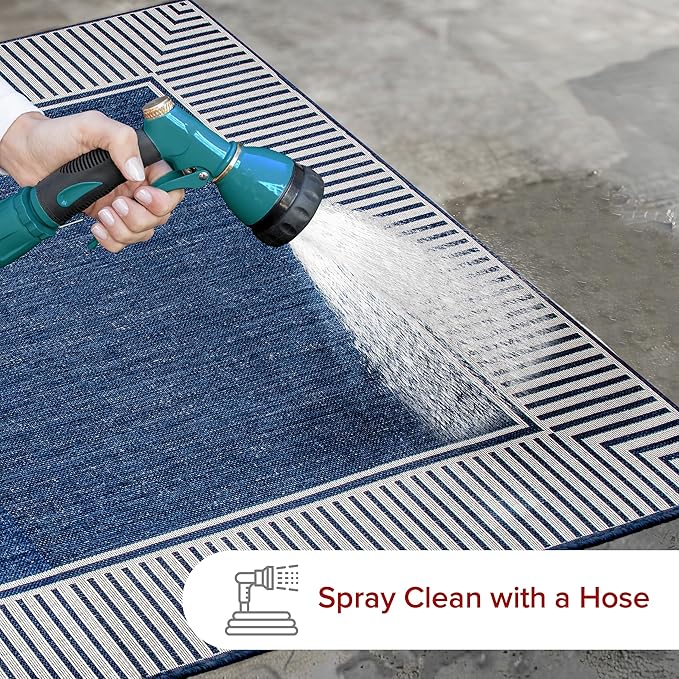 Nuloom Asha Navy/Ivory, 6'7" Square, Casual, Striped Border, Soft and Cozy, High Traffic, Stain Resistant, Easy Clean, Durable Area Rug for Indoor/Outdoor Patio, Deck, Porch, Garden, Courtyard