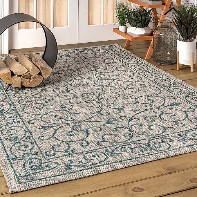 JONATHAN Y Vintage Filigree Indoor Outdoor Area Rug 5X8 Gray/Teal, Charleston Textured Weave for Backyard, Patio, Porch, Easy-Cleaning, High Traffic, Pet-Friendly, Non-Shedding (SMB106E-5)