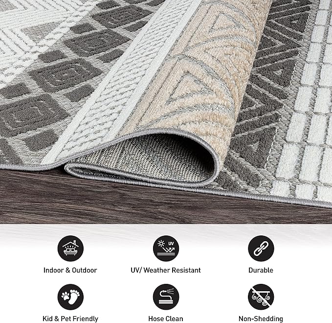 Rugshop Marbella Contemporary Boho Non-Shedding Patio Deck Backyard Indoor/Outdoor Area Rug 5' x 7' Gray