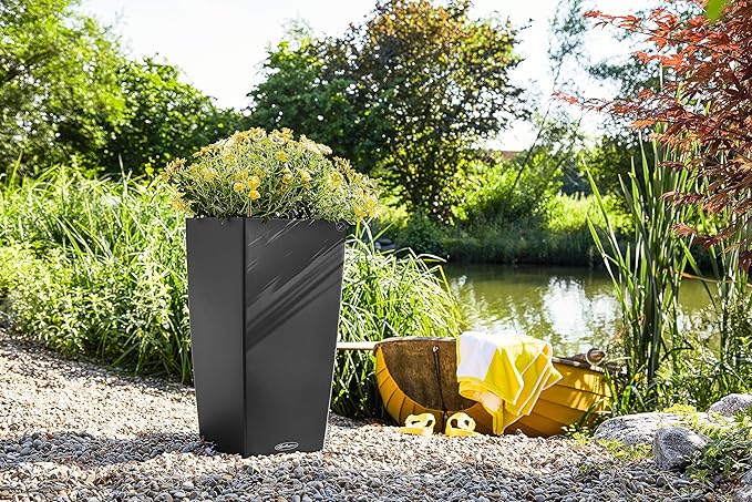 Lechuza CUBICO Color 40 Slate, Self-Watering Tall Planter, H29.5 L15.7 W15.7 in