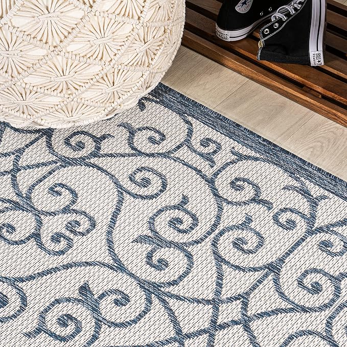 JONATHAN Y Vintage Filigree Indoor Outdoor Runner Rug 2X8 Blue/Cream, Madrid Textured Weave for Backyard, Patio, Porch, Easy-Cleaning, High Traffic, Pet-Friendly, Non-Shedding (SMB107F-28)