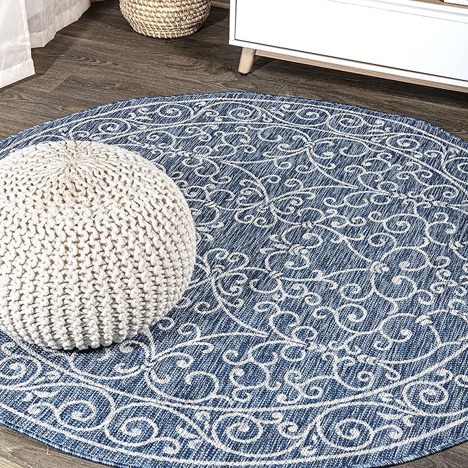 JONATHAN Y Vintage Filigree Indoor Outdoor Round Area Rug 5 Ft Navy/Gray, Charleston Textured Weave for Backyard, Patio, Porch, Easy-Cleaning, High Traffic, Pet-Friendly, Non-Shedding (SMB106D-5R)