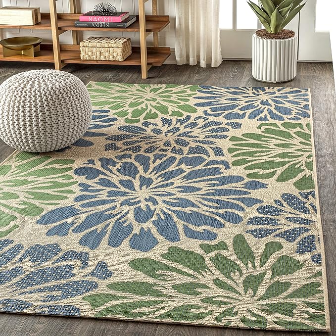 JONATHAN Y Floral Textured Weave Indoor Outdoor Area Rug 9X12 Navy/Green, Zinnia Modern for Backyard, Patio, Porch, Easy-Cleaning, High Traffic, Pet-Friendly, Non-Shedding (SMB110B-9)