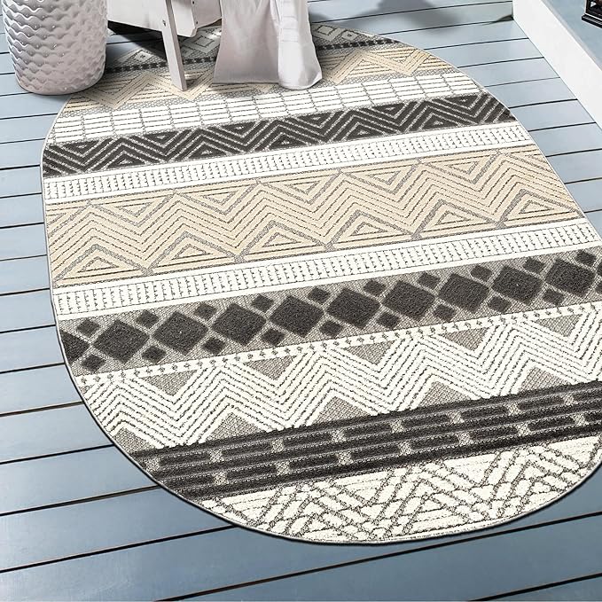 Rugshop Gray Marbella Boho Indoor/Outdoor Oval Area Rug, Machine Washable for Patio, Deck and Living Room 5' x 7' Oval