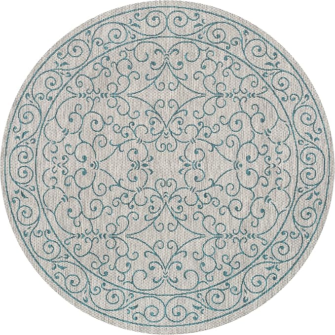 JONATHAN Y Vintage Filigree Indoor Outdoor Round Area Rug 6 Ft Gray/Teal, Charleston Textured Weave for Backyard, Patio, Porch, Easy-Cleaning, High Traffic, Pet-Friendly, Non-Shedding (SMB106E-6R)
