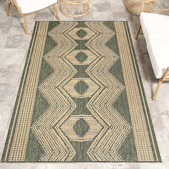 nuLOOM 10' x 14' Outdoor Tribal Geometric Area Rug, Stain Resistant, Weather Resistant, High Traffic, Patio, Balcony, Outside, Ranya Green
