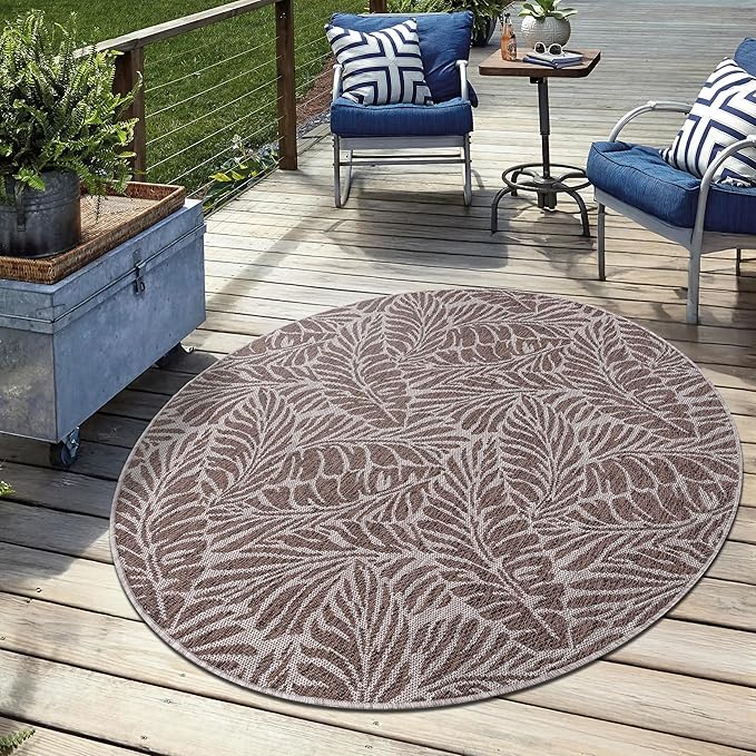 Keen Home Design Terrace Outdoor Area Rug - 63" Round Washable Indoor/Outdoor Rug for Patio, Kitchen, Balcony, Beach, Garden, Deck and Porch, Size: 5'3" Round, Rainforest Beige 363