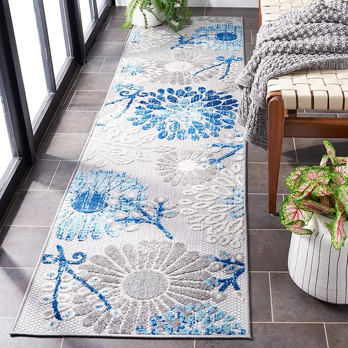 SAFAVIEH Washable Rug Outdoor Cabana Collection - 2' x 16' Runner, Grey & Blue, Non-Shedding & Easy to Clean, Ideal for Patio, Backyard, Mudroom (CBN832F)