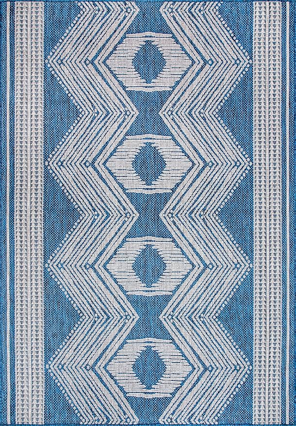 nuLOOM 9'6" x 12' Outdoor Tribal Geometric Area Rug, Stain Resistant, Weather Resistant, High Traffic, Patio, Balcony, Outside, Ranya Blue