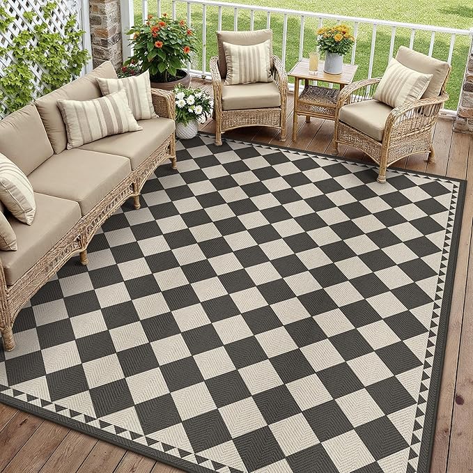 HUGEAR 8x10 Outdoor Rug Black/Beige Linen-Look Fabric Checkered Area Rug High Traffic Stain Resistant Easy Clean Durable Rugs for Indoor/Outdoor Patio Deck Balcony Porch Garden Courtyard