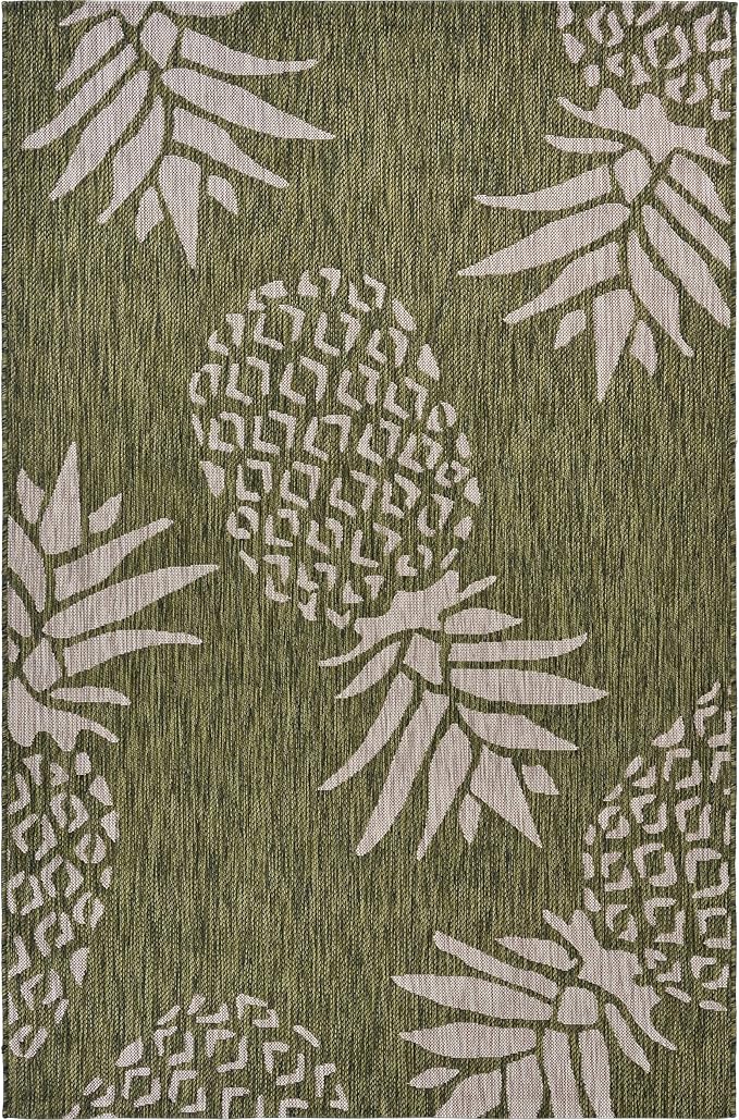 LR Home 2x3 Indoor/Outdoor Area Rug for Home Decor | Coastal Pineapples Carpet for Living Room, Bedroom, Playroom, Patio, Garden | Modern Farmhouse Rug | Dark Green/Beige