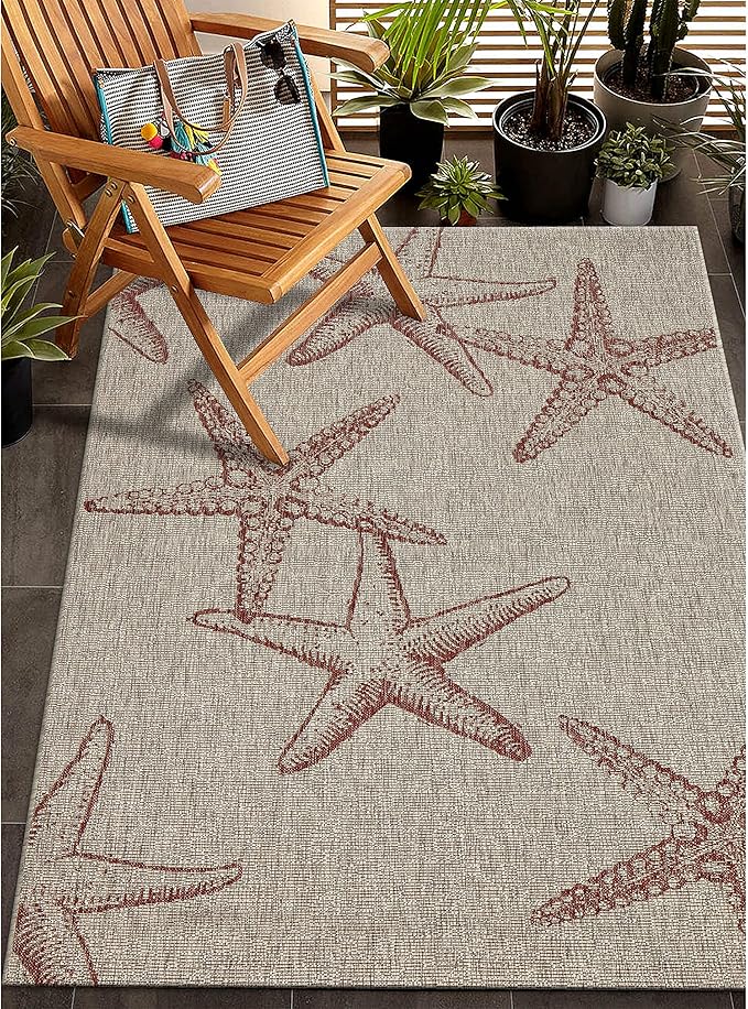 LR Home 8x10Indoor/Outdoor Area Rug for Home Decor | Coastal Starfish Large Size Carpet for Living Room, Bedroom, Playroom, Patio, Garden | Modern Farmhouse Rug | Rust/Biege